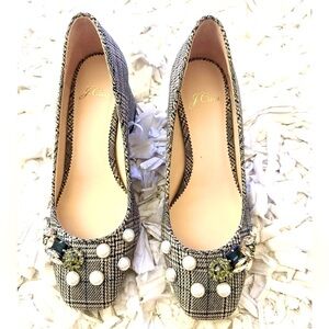 New J. CREW Embellished Jewel Plaid Houndstooth Print  block heel